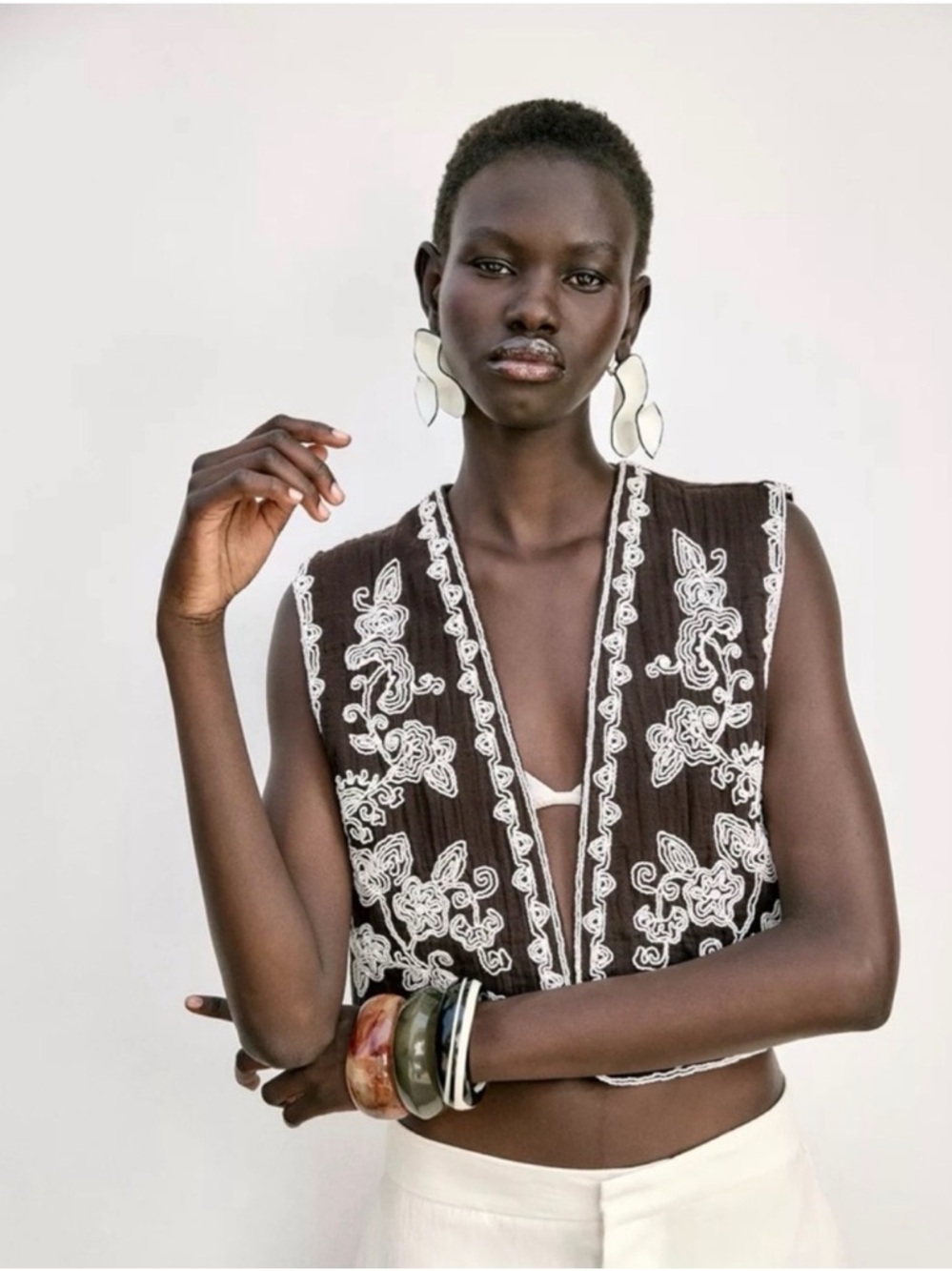 Zara Embroidered Brown & White Crop Vest